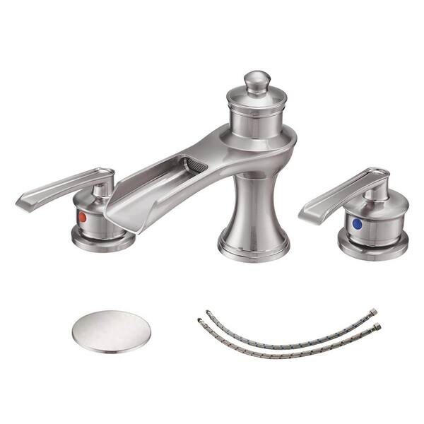 BWE 8 in. Widespread Double Handle Waterfall Bathroom Faucet With Pop-up Drain Assembly in Brushed Nickel