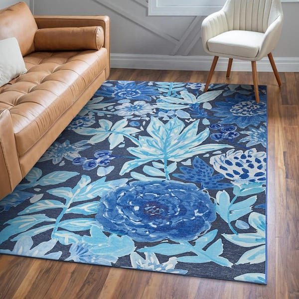 Floral Bloom Blue Indoor Machine Washable 5 ft.x 7 ft. Living Room Entrance Hallway Bedroom Den Kitchen Dining Area Rug