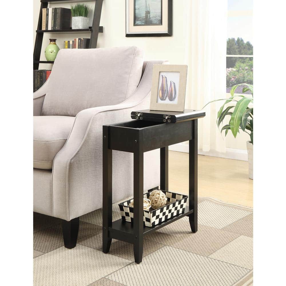 Black Wood Flip Top End Table with Storage Shelf