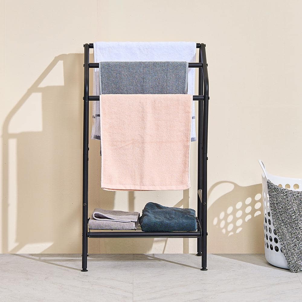 Black Metal Freestanding Triple Towel Rack with Shelf