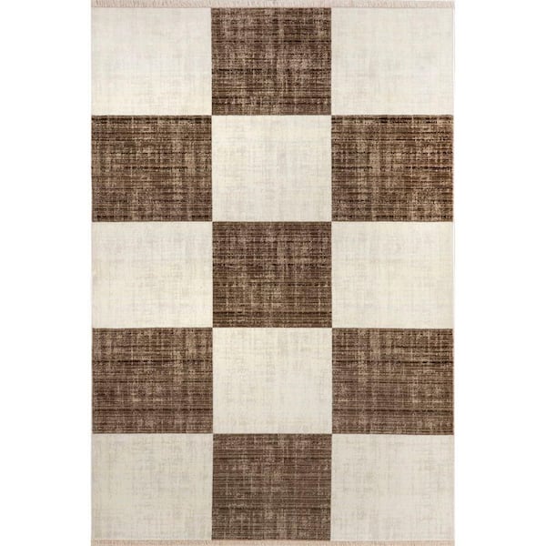 Aspen Checkerboard Fringed Brown 8 ft. x 10 ft. Indoor/Outdoor Patio Rug