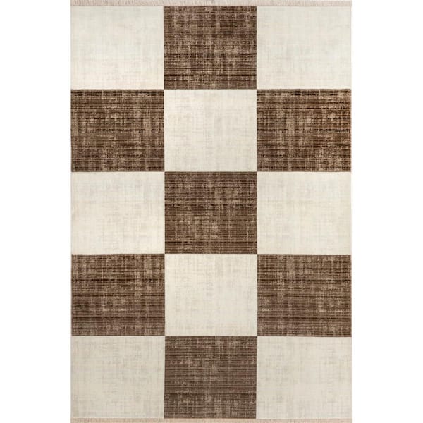 Aspen Checkerboard Fringed Brown 9 ft. x 13 ft. Indoor/Outdoor Patio Rug