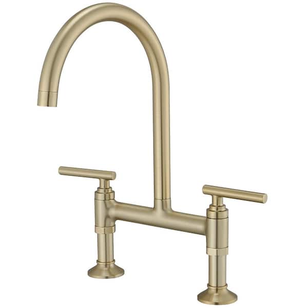 Double-Handle Bridge Kitchen Faucet with 360° Swivel Spout and Solid Brass Construction in Brushed Gold