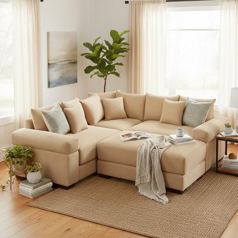 WZSRLG 79 in. Straight Arm 4-Piece Corduroy Modular Sectional Sofa with Ottoman & Ergonomic Design in Soft Ivory price history on PriceWatchPro