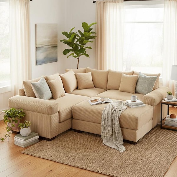 WZSRLG 79 in. Straight Arm 4-Piece Corduroy Modular Sectional Sofa with Ottoman & Ergonomic Design in Soft Ivory