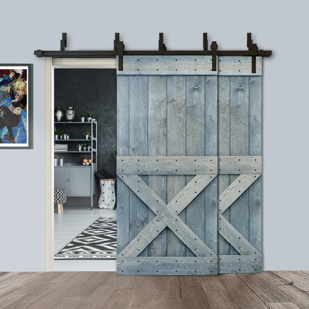 Denim Blue Knotty Pine Double Sliding Barn Door with Black Hardware