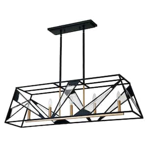Corrientes 40.16 in. W x 10.83 in. H 5-Light Matte Black/Gold Accent Pendant Light with Open Metal Frame and Clear Glass