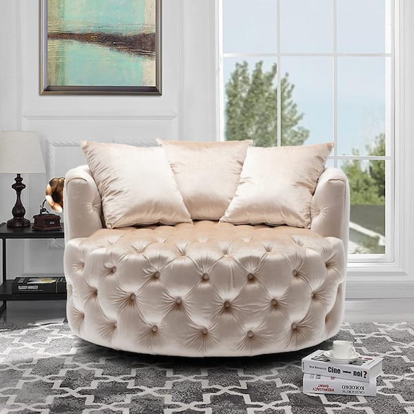 HOMEFUN Beige Velvet Swivel Upholstered Barrel Living Room Chair With Tufted Cushions