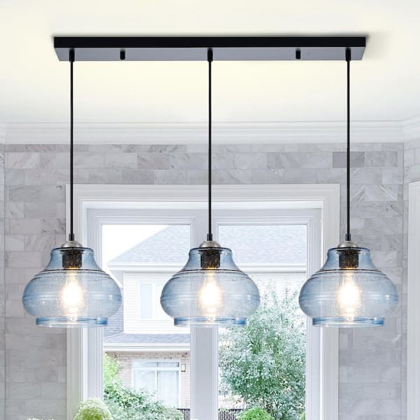 Kinlea 3-Light Modern Traditional Blue Chandelier with Gourd Shaped Bubble Glass for Dinning Room with Bulb Not Included