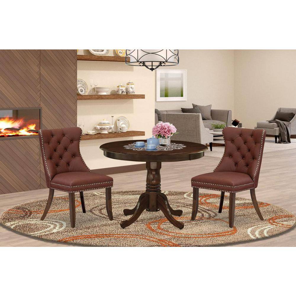 3-Piece Antique Walnut Finish Solid Wood Top - Round Upholstered Dining Room Set - Seats 4