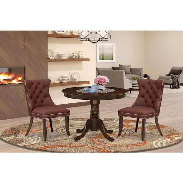 East West Furniture 3-Piece Antique Walnut Finish Solid Wood Top - Round Upholstered Dining Room Set - Seats 4