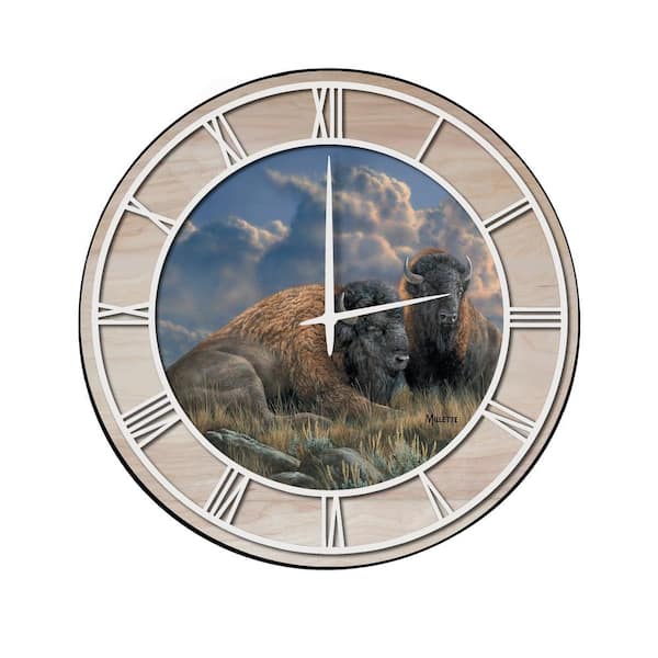 Unbranded "Distant Thunder Bison" Woodgrain Accent and White Numbers Imaged Wall Clock