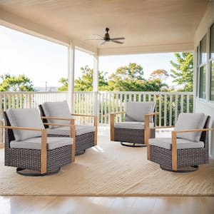 Allcot 4-Piece Patio Brown Wicker Conversation Set Outdoor Rocking Chair with CushionGuard with Gray Cushions