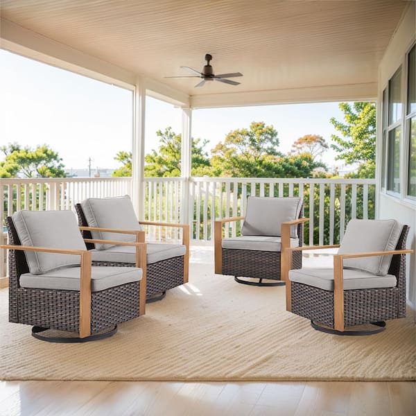 Gymojoy Allcot 4-Piece Patio Brown Wicker Conversation Set Outdoor Rocking Chair with CushionGuard with Gray Cushions