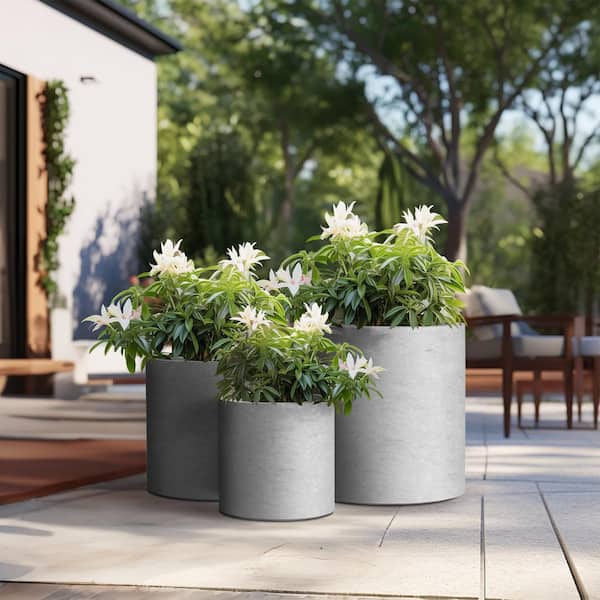Sapcrete 10in., 13in., 16in. Dia Stone Finish Extra Large Tall Round Concrete Plant Pot/Planter for Indoor & Outdoor Set of 3