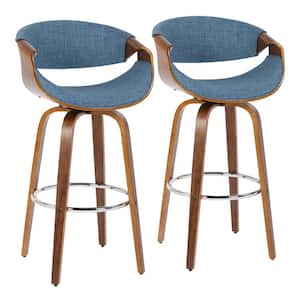 Curvini 40 in. Bar Stool in Blue Fabric and Walnut Wood (Set of 2)