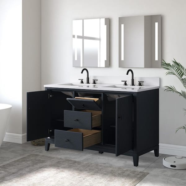 54 in. W x 22 in. D Double Sink Freestanding Vintage Spruce Blue Bath Vanity Cabinet with White Engineered Marble Top