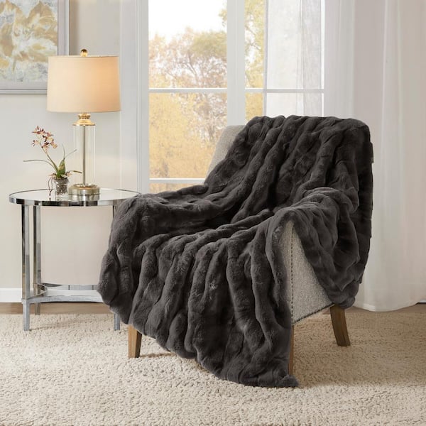 Madison Park Camille Grey Faux Fur Throw Blanket
