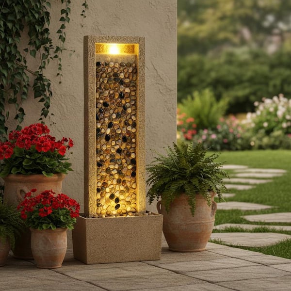36 in. Outdoor Cascade Fountain with Warm Glow Lighting, Steady Flow and Electric Pump in Brown