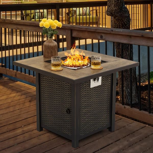 Nuu Garden 30 in. W x 25 in. H Square Metal Propane Gas Black with Gold-Painted Edge Fire Pit Table with Lava Rocks and Lid