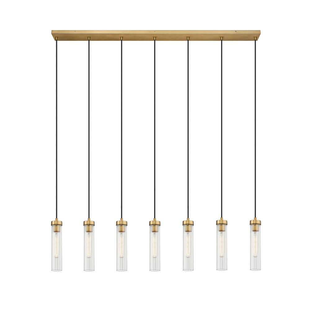 Beau 7-Light Rubbed Brass Shaded Linear Chandelier with Clear Glass Shade w