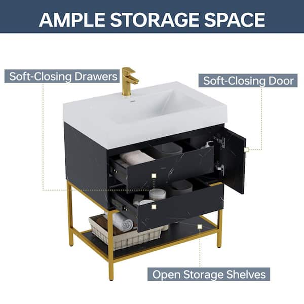 Homey 30 in. Single Sink Bath Vanity in Black Marble with White Engineered Solid Surface Top and 2 Drawers (Unassembled)