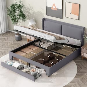 Gray Metal Frame Queen Size Linen Upholstered Platform Bed with Hydraulic Storage System and 2-Drawer