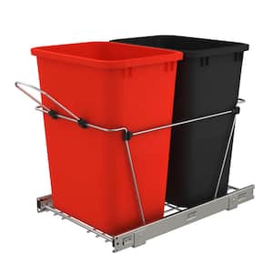 Red/Black Double 35 Qt. Sliding Pull-Out Waste Bin Containers