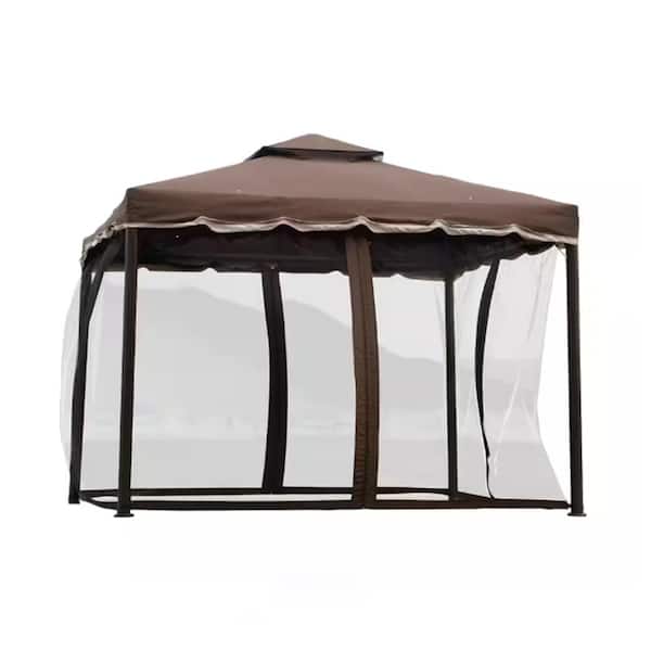 Unbranded 10 ft. W x 10 ft. D Outdoor Iron Vented Dome Top Patio Gazebo with Netting for Backyard, Poolside and Deck in Brown