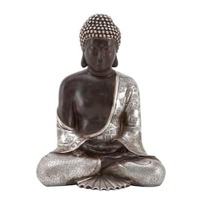 Silver Polystone Meditating Buddha Sculpture with Engraved Carvings and Relief Detailing