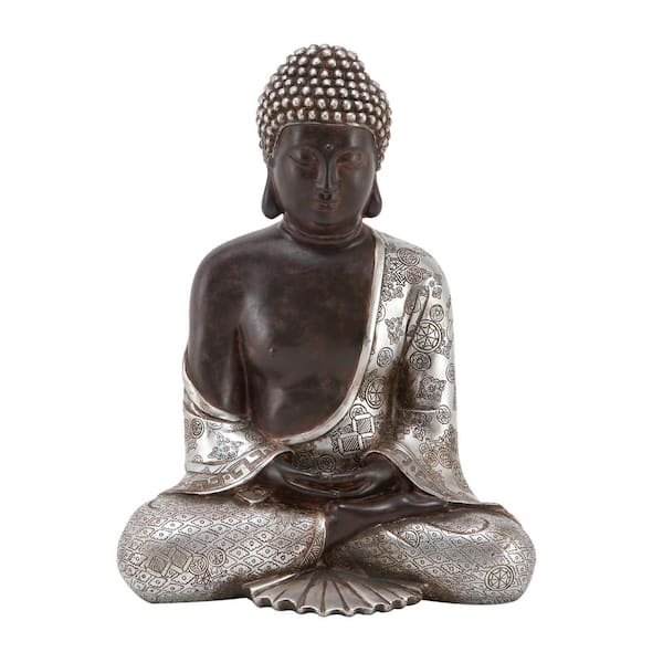 Litton Lane Silver Polystone Meditating Buddha Sculpture with Engraved Carvings and Relief Detailing