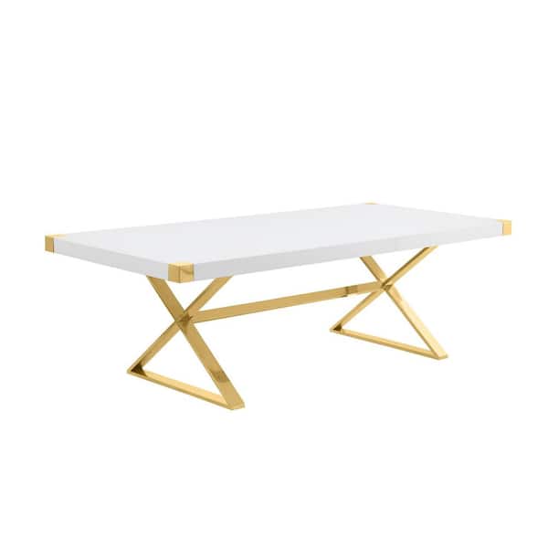 Best Quality Furniture Miguel White Wood 94 in. Cross Legs Gold Stainless Steel Base Dining Table Seats 8.