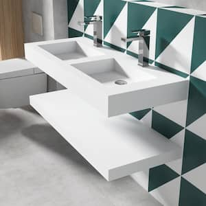 47 in. White Solid Surface Wall-Mounted Bathroom Double Vessel Sinks and Shelves with Faucet Holes