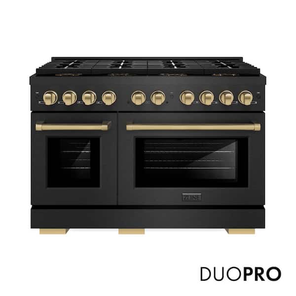 Autograph 48 in. 6.7 cu. ft. Paramount Dual Fuel Range with 8 Burner DuoPro Cooktop in Black Satin and Champagne Accents