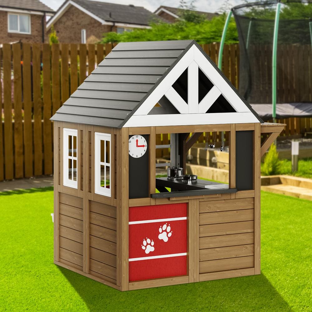 Modern Cedar Outdoor Playhouse with Kitchen and Flower Pot Holder