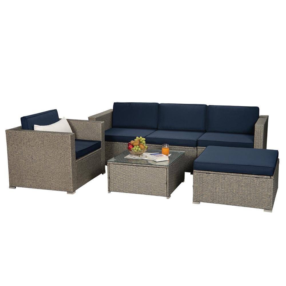 Gray 6-Piece PE Wicker Outdoor Sectional Sofa Set with Navy Cushions and 1 