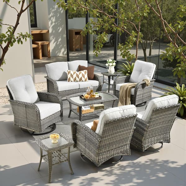 Paradise 8 Pieces Wicker Outdoor Patio and Swivel Rocking Chairs with Gray Cushions