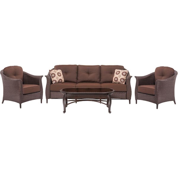 Hanover Gramercy 4-Piece All-Weather Wicker Patio Seating Set with Brown Cushions