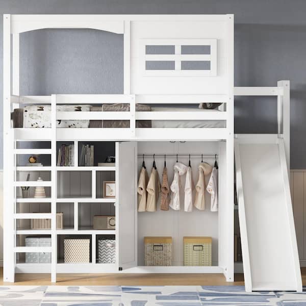 White Twin Wood Loft Bed with Wardrobe, Storage Shelves, Slide and LED