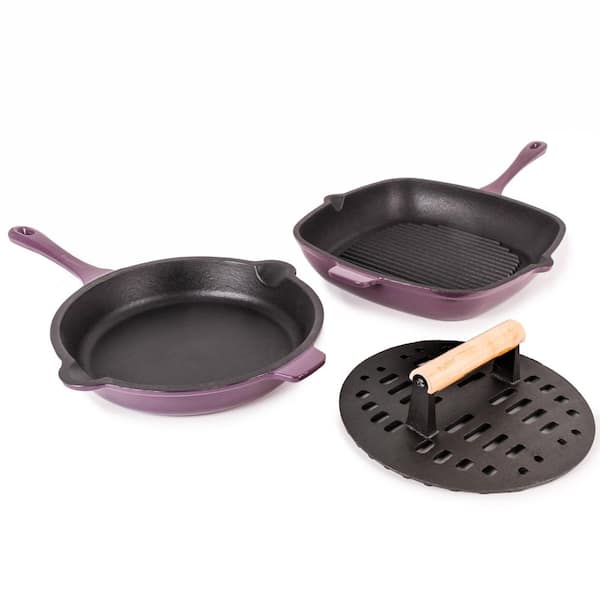 BergHOFF Neo 3-Piece Cast Iron Fry Pan and Grill Pan Set with Slotted Steak Press, Purple