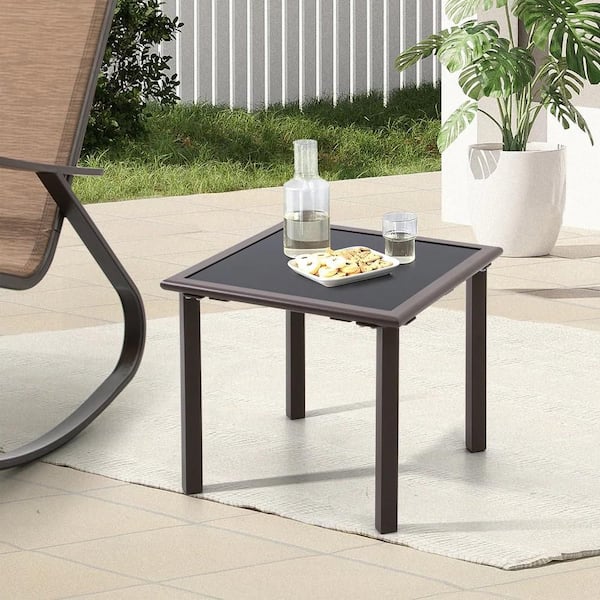 Square Metal Outdoor Side Table in Brown with Tempered Glass Tabletop