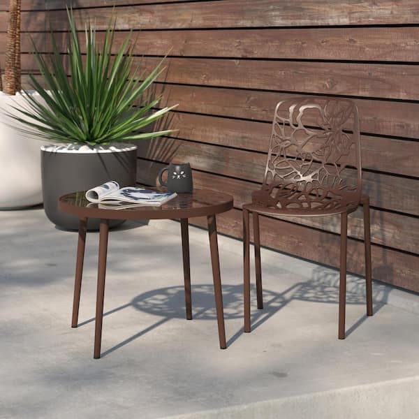 Leisuremod Devon Outdoor Dining Chair in Aluminum Modern Stackable Design Patio Side Chair in Brown