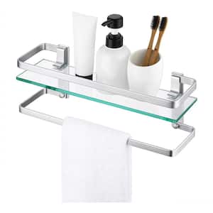 16 in. W x 5 in. D x 5 in. H Wall Mount Glass Floating Shelf with Towel Bar in Silver
