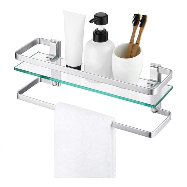 ACEHOOM 16 in. W x 5 in. D x 5 in. H Wall Mount Glass Floating Shelf with Towel Bar in Silver