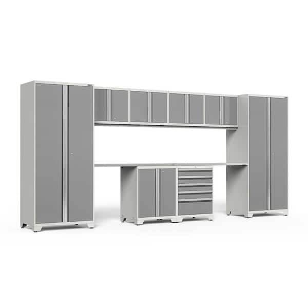 NewAge Products Pro Series 184 in. W x 84.75 in. H x 24 in. D 18-Gauge Welded Steel Garage Cabinet Set in Platinum (10-Piece)