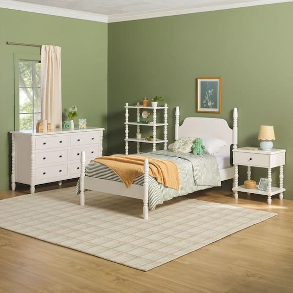 Modern Easy Assembly 4-Piece White Solid Wood 1-Drawer Nightstand, 6-Drawer Dresser, Bookshelf, Twin Bedroom Set