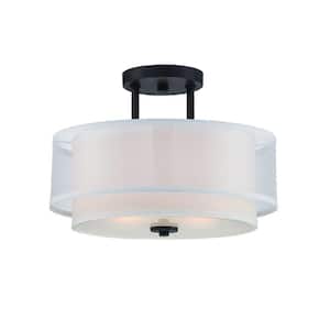 Fusion 18.25 in. 2-Light Biscayne Bronze Semi Flush Mount Ceiling Light with White and Organza Fabric Glass Shade