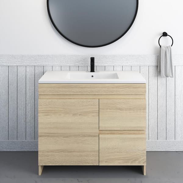 VOLPA USA AMERICAN CRAFTED VANITIES Mace 36 in. W x 20 in. D Single Sink Bathroom Vanity Right Side Drawers In White Oak With Acrylic Integrated Countertop