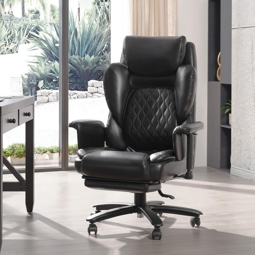 Faux Leather High-Back Ergonomic Office Chair in Black with Adjustable Padded Arms Swivel Chair with Headrest & Footrest - Thumbnail 2