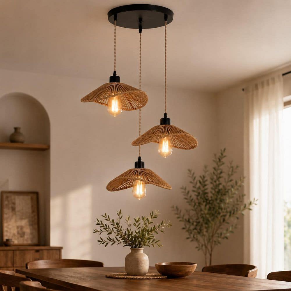 【ken】シーリングライトとカーテン3点セット（SOLD OUT） Genoci 3-Light Rattan Farmhouse Black Cluster Chandelier for